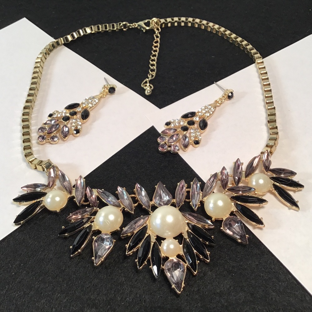 Lovely Attractive Necklace And Earrings Set - Light Gray Marquise Rhinestones